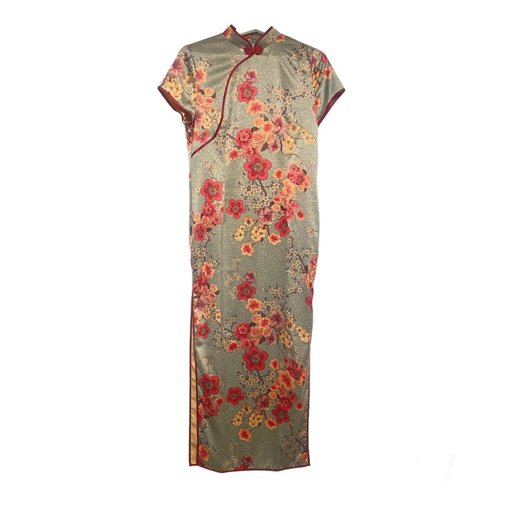 YINGYAN Floral Blue Cheongsam Qipao Mandarin Dress Size Medium China Chinese